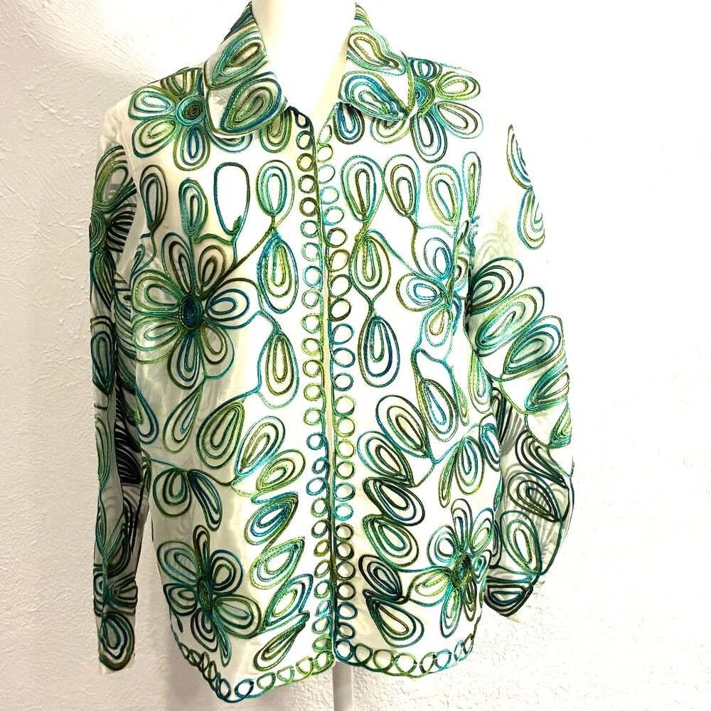 Laura Ashley Embroidered Sheer Jacket, Green/Aqua on White, Size Large